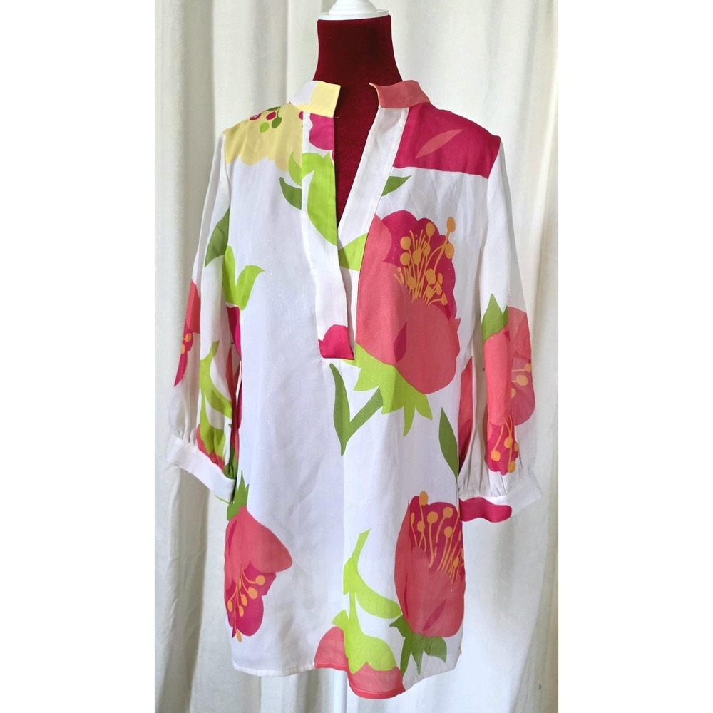Lilly Pulitzer 100% Silk Floral Multi Tunic Gold Thread Stitching size 8 Medium